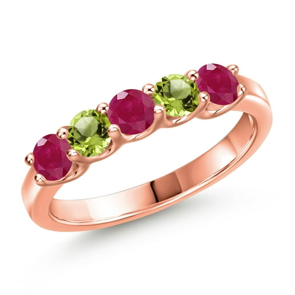 Gem Stone King 18K Rose Gold Plated Silver Red Ruby and Green Peridot Wedding-Bands Ring for Women | 1.16 Cttw | Round 3.5MM | Gemstone July Birthstone | Size 7