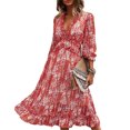 thumbnail image 1 of Women's Spring Summer Dress Deep V 3/4 Long Sleeve Dress Ruffle Hem & Trim, 1 of 2