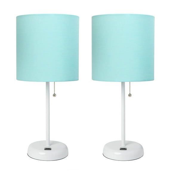 LimeLights Lampe Décorative pour la Maison avec Port de Charge USB, Abat-Jour en Tissu Aqua et Base Blanche - Ensemble de 2