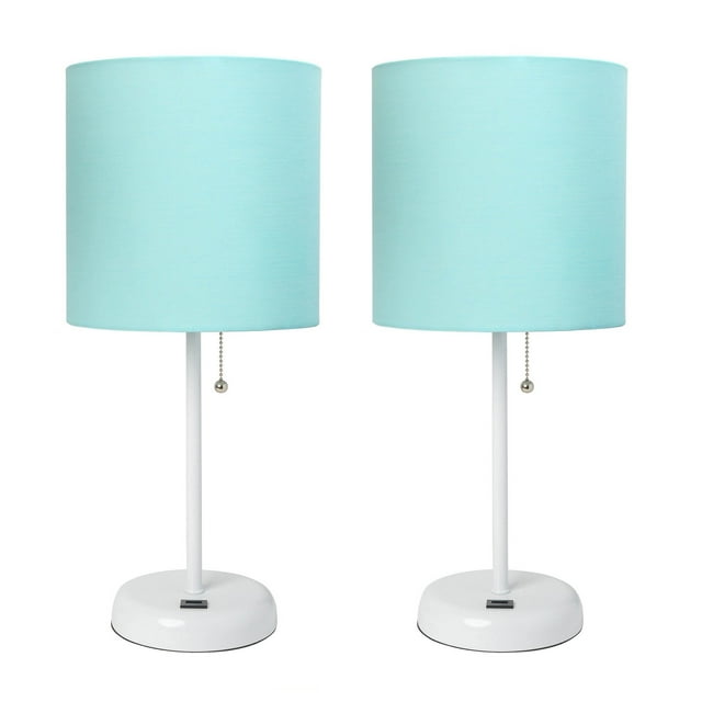 LimeLights Home Decorative Stick Lamp with USB Charging Port, Aqua Fabric Shade and White Base - 2 Pack Set