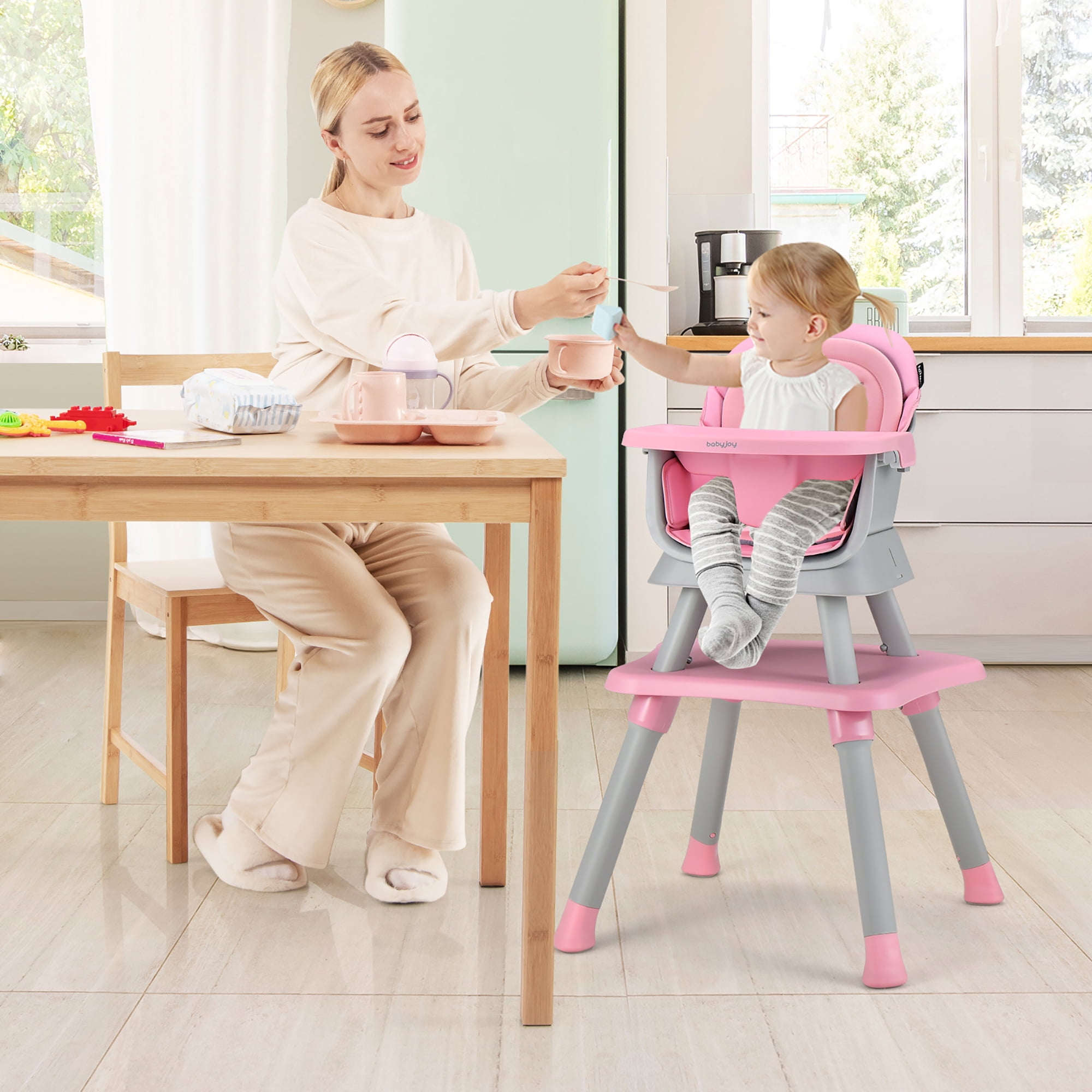 Costway 8-in-1 Baby High Chair Convertible Dining Booster Seat w/ Removable Tray Pink