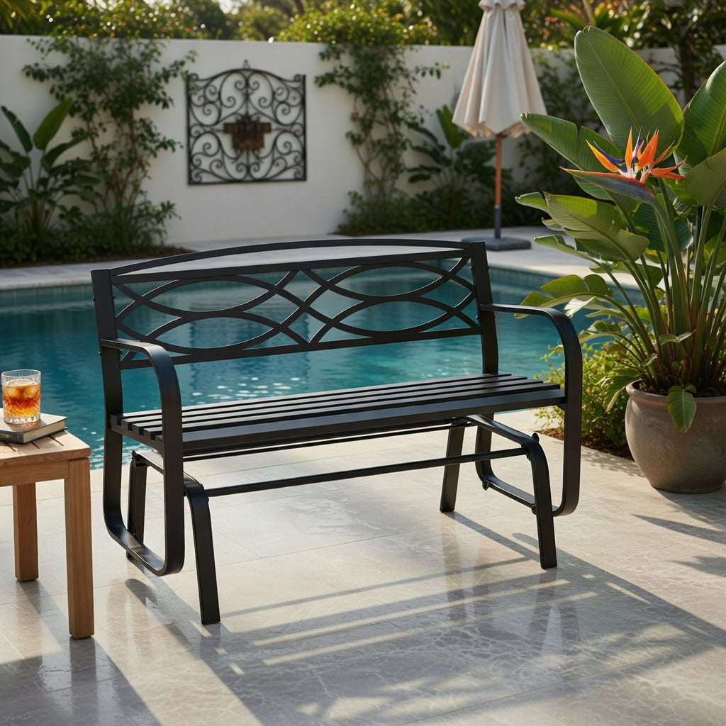 Hommoo 2-Person Outdoor Glider Bench, Heavy-Duty Metal Patio Swing Bench with Quiet Glide Mechanism, Ergonomic Backrest & Slatted Seat, Black