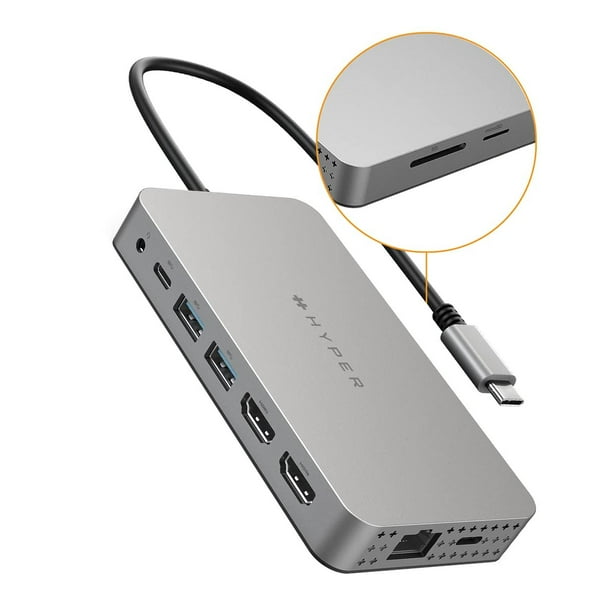 Hub USB C 10 en 1 Hyper Drive Plata con Soporte 4K Doble para MacBook y Windows Laptop