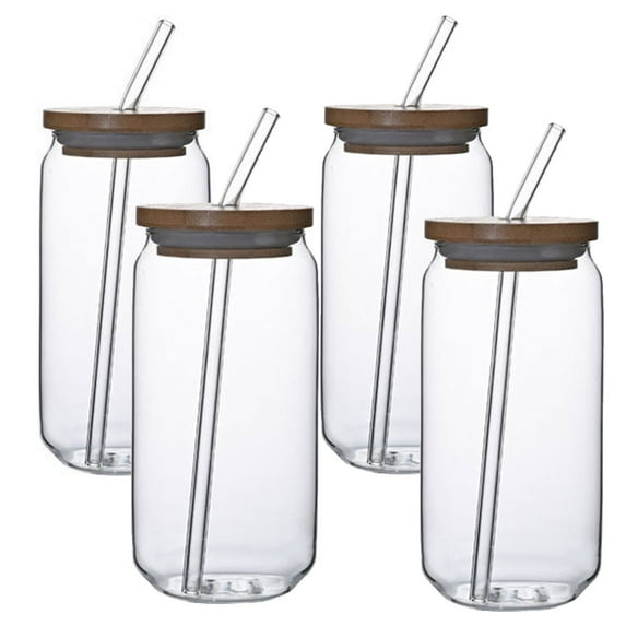 Aosijia 4 Pack Drinking Glasses with Bamboo Lids and Glass Straw Glass 18.5oz Bottles Milk Cup Iced Coffee Mug Cute Beer Can Glass 550ml