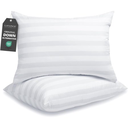 Pillows Queen Size Set of 2 Hotel Collection Pillows 3D Down Alternative Fiber Filling Soft Bed Pillows for Back, Stomach or Side Sleepers-1.2" White Striped, 20"x28"