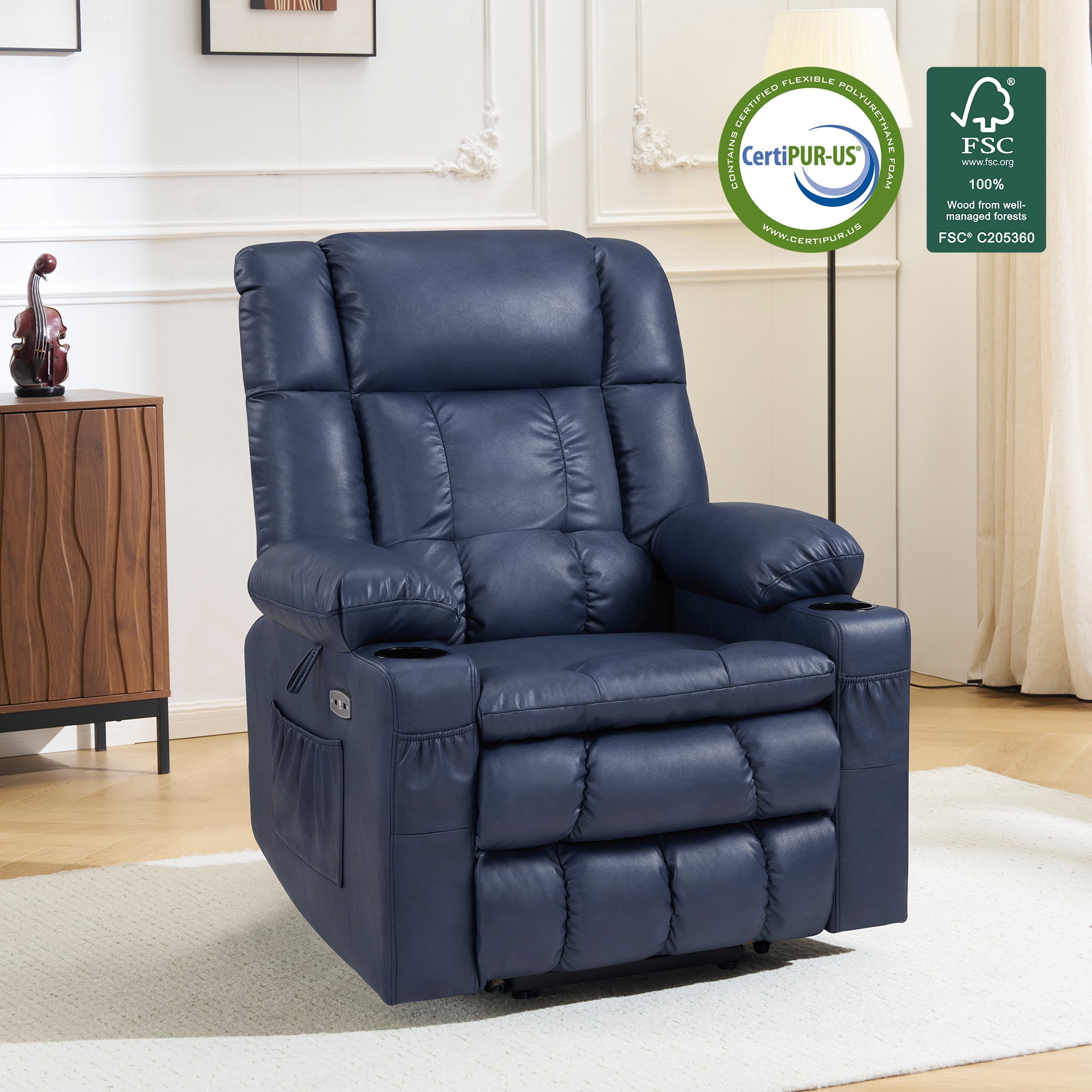 MCombo Dual Motor Power Lift Chair for Elderly, Sleep Lift Recliner, Faux Leather, Blue