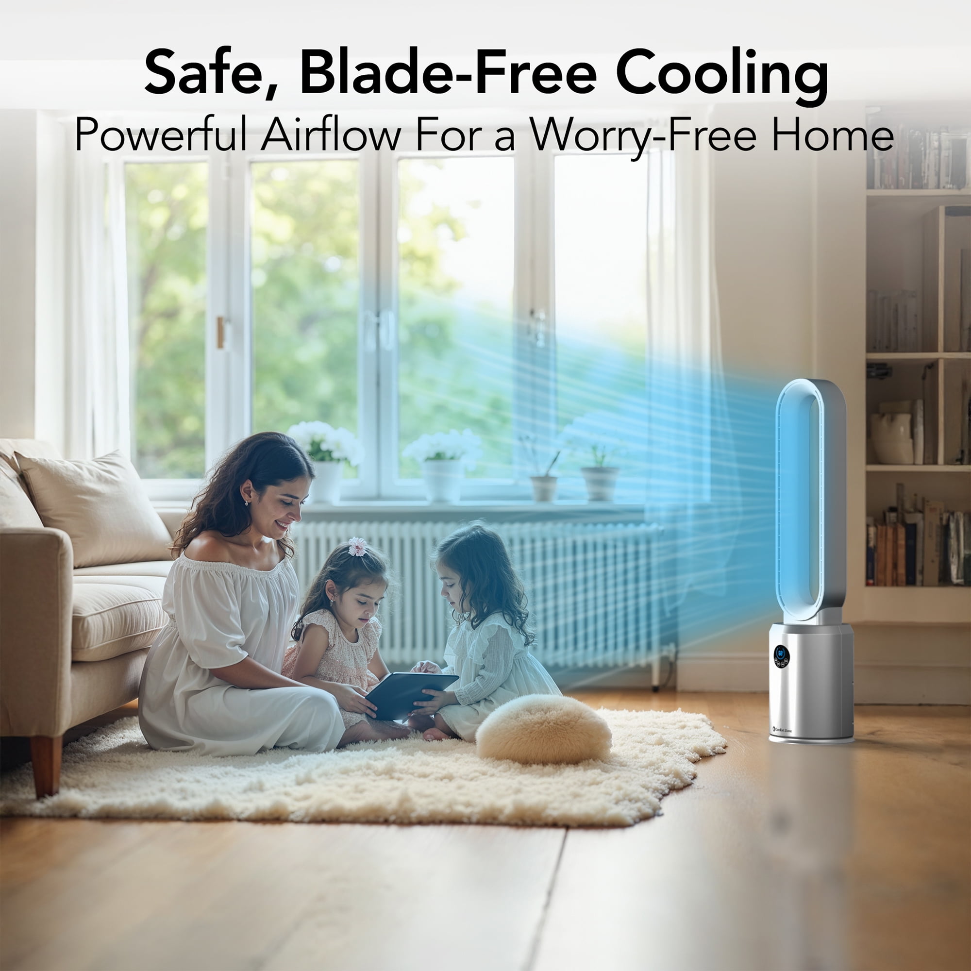 Comfort Zone 40" Bladeless Tower Fan with Remote Control, 9H Timer, Silver