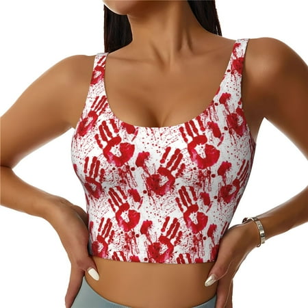 Adobk Bloody Hand 2 Print Sports Bras for Women Longline Workout Crop Tank Tops Padded with Built in Shelf Padded Sports Bra-Large