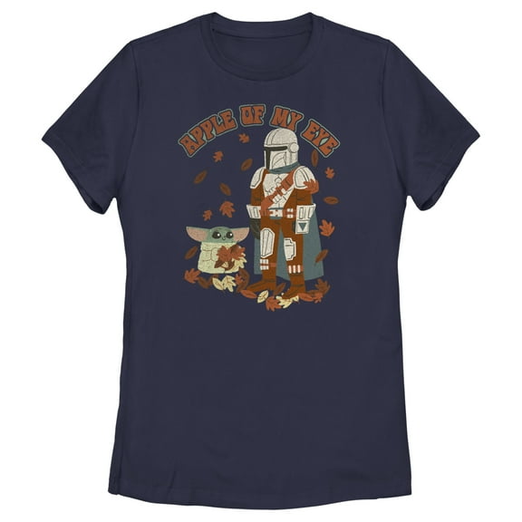 Women's Star Wars: The Mandalorian Grogu and Din Djarin Fall Leaves Apple of my Eye Graphic Tee Navy Blue X Large