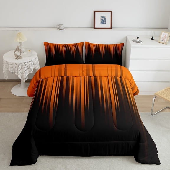Gradient Comforter Set Black Orange Ombre Abstract Bedding Set Twin ,Retro Geometric Stripes Down Comforter,Boho Exotic Hippie Geometry Striped Duvet Insert Modern Room Decor