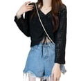 thumbnail image 1 of Blusa playera sexy de punto de crochet con mangas largas acampanadas y cordón para mujer, 1 of 5