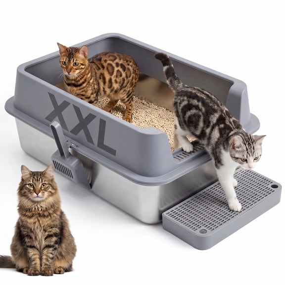 Topyangs XXL High-Sided Stainless Steel Litter Box with Litter Scoop & Fool Pedal, Gray
