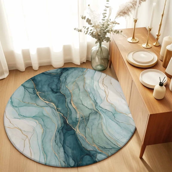 Round Rugs 6Ft, Teal Yellow Marble Round Area Rug Washable Indoor Throw Carpet, Modern Ink Painting Abstract Art Soft Non Slip Circle Rug for Office Cabinet Home Decor Aesthetic