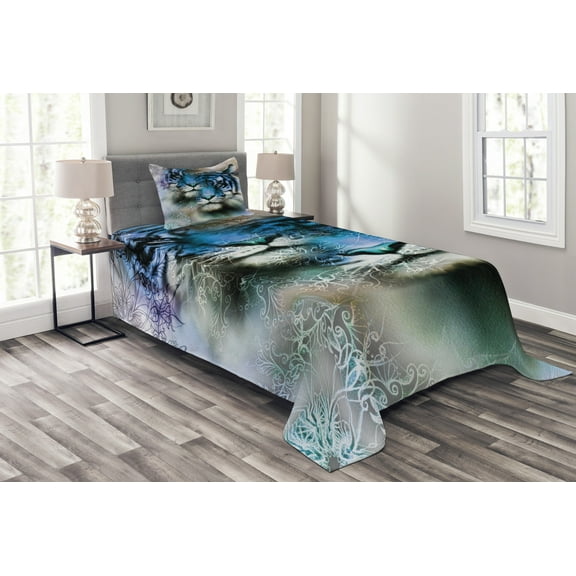 Ambesonne Animal Quilted Bedspread Set 2 Pcs, Blue Art Savannah Tigers, Twin Size, White Black Blue