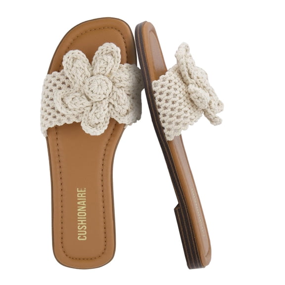 Cushionaire Gemma Knit Flat Slides for Women, Square Toe Sandals with Woven Flower Detail and Memory Foam
