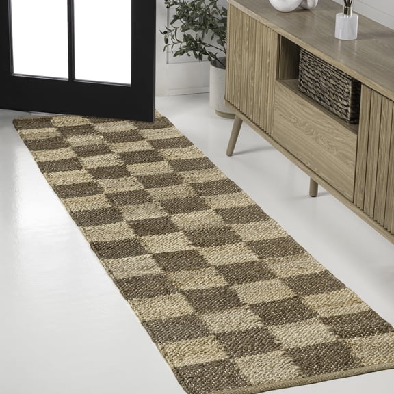JONATHAN Y NATURAL FIBER 2 x 10 Runner Rug, Theo Farmhouse Woven Jute Checkerboard - Natural/Brown, NRF203A-210