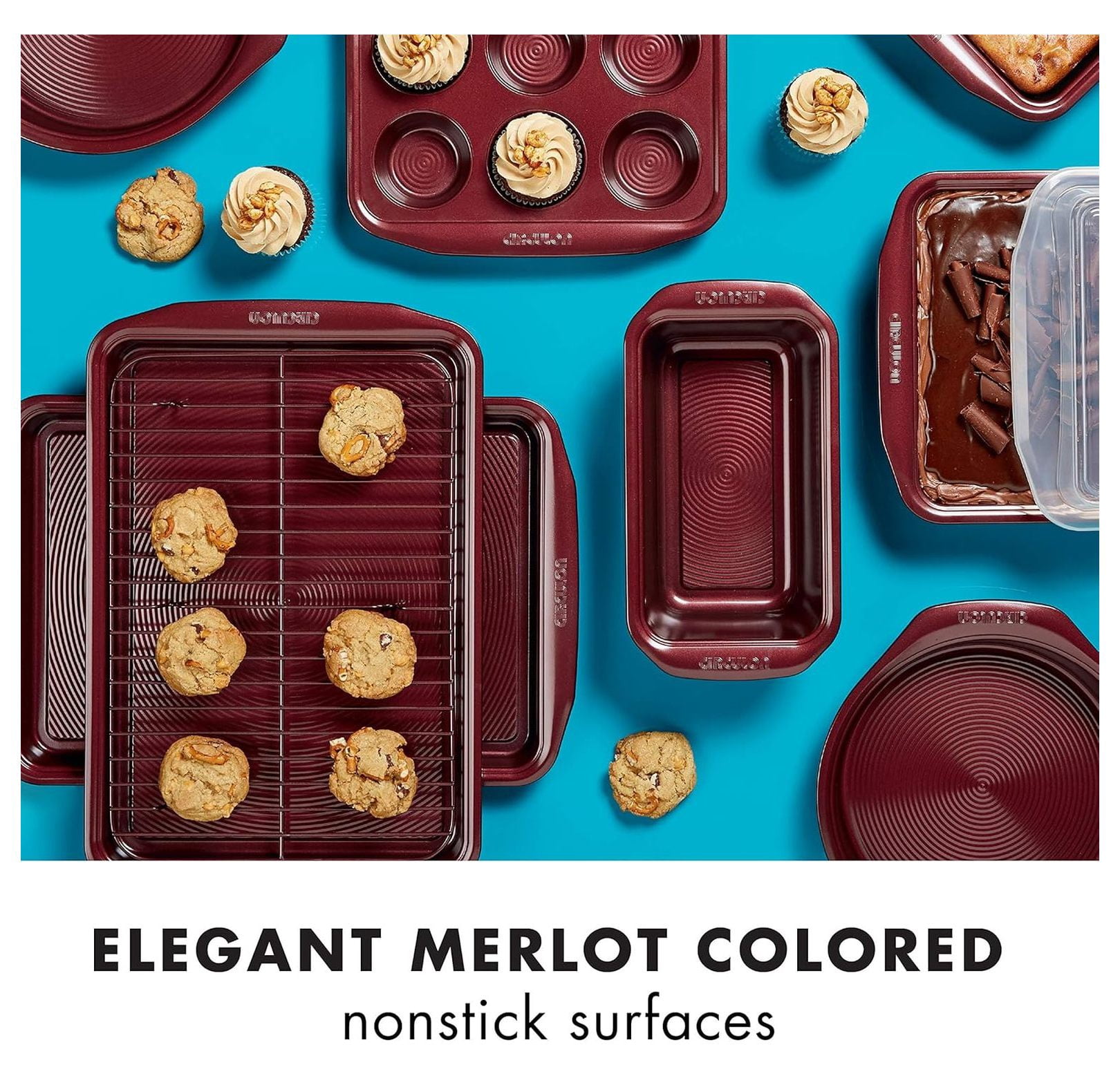 Nonstick Bakeware Set, Nonstick Cookie Sheet / Baking Sheet with Cooling Rack - 2 Piece, Merlot Red