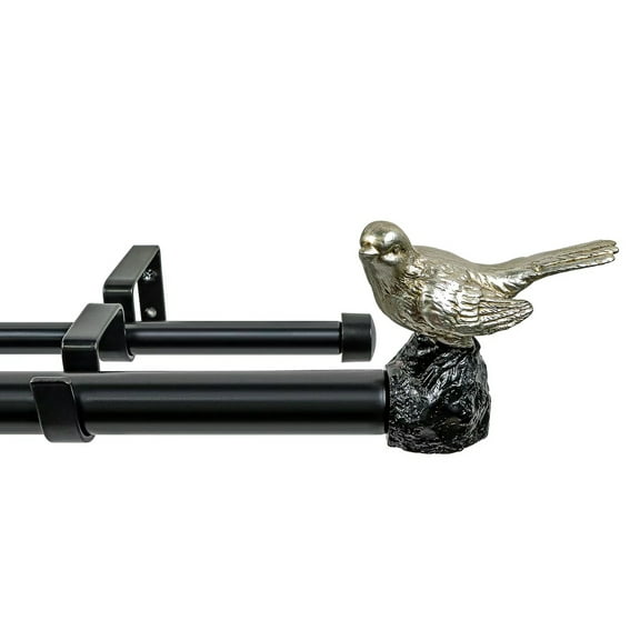 MERIVILLE 1-Inch Diameter Telescoping Double Window Curtain Rod, Pewter Bird Finials, 48"-84", Black Rod