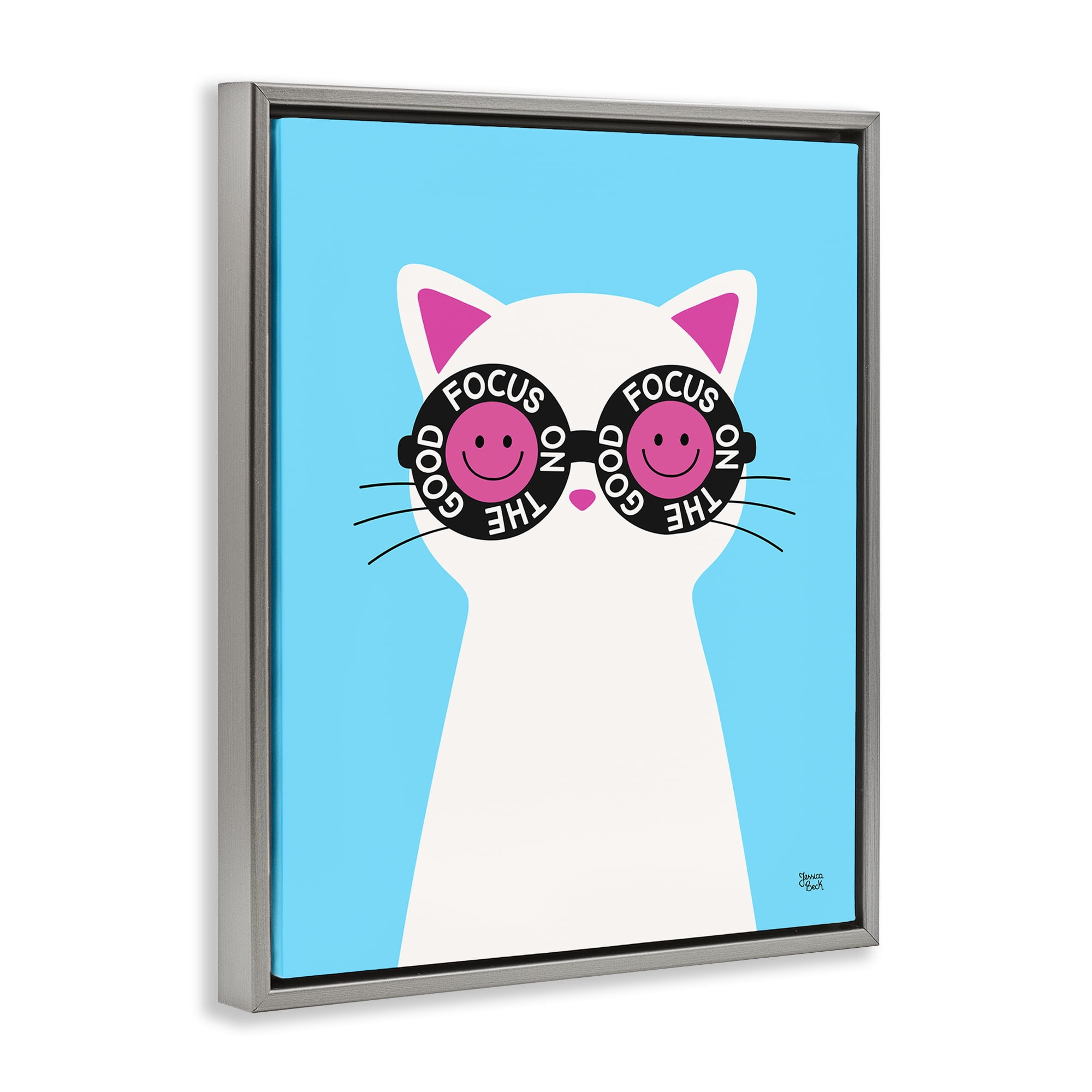 Stupell Industries Focus On Good Cat Animals Painting Gray Floater Framed Canvas Art Print Wall Art, 17 x 21