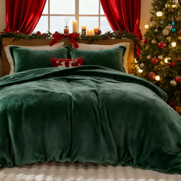 JOLUSERE Dark Green Velvet Duvet Cover Queen Set, 3-Piece Ultra Soft Fluffy Velvet Winter Bedding Cover
