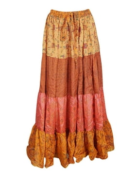 Mogul Women Orange Floral PRINTED MAXI Skirt Bohemian Recycled Sari Full Flared Summer Skirts M/L