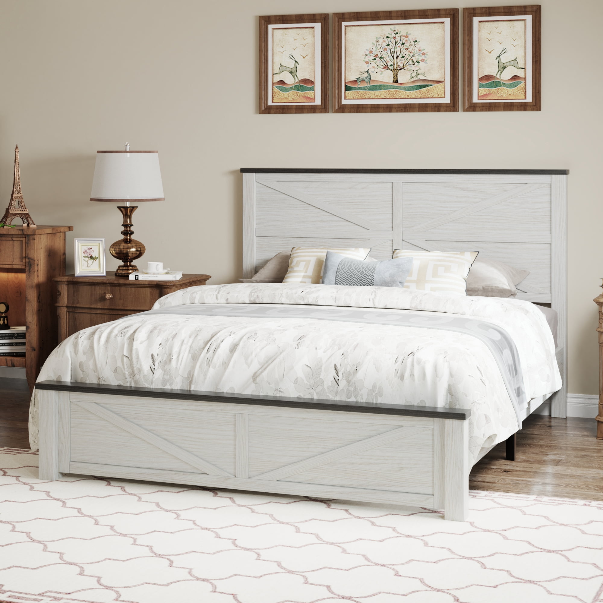 BSHTI Full Size Bed Frame with Wooden Headboard, Country and Farmhouse Style, White