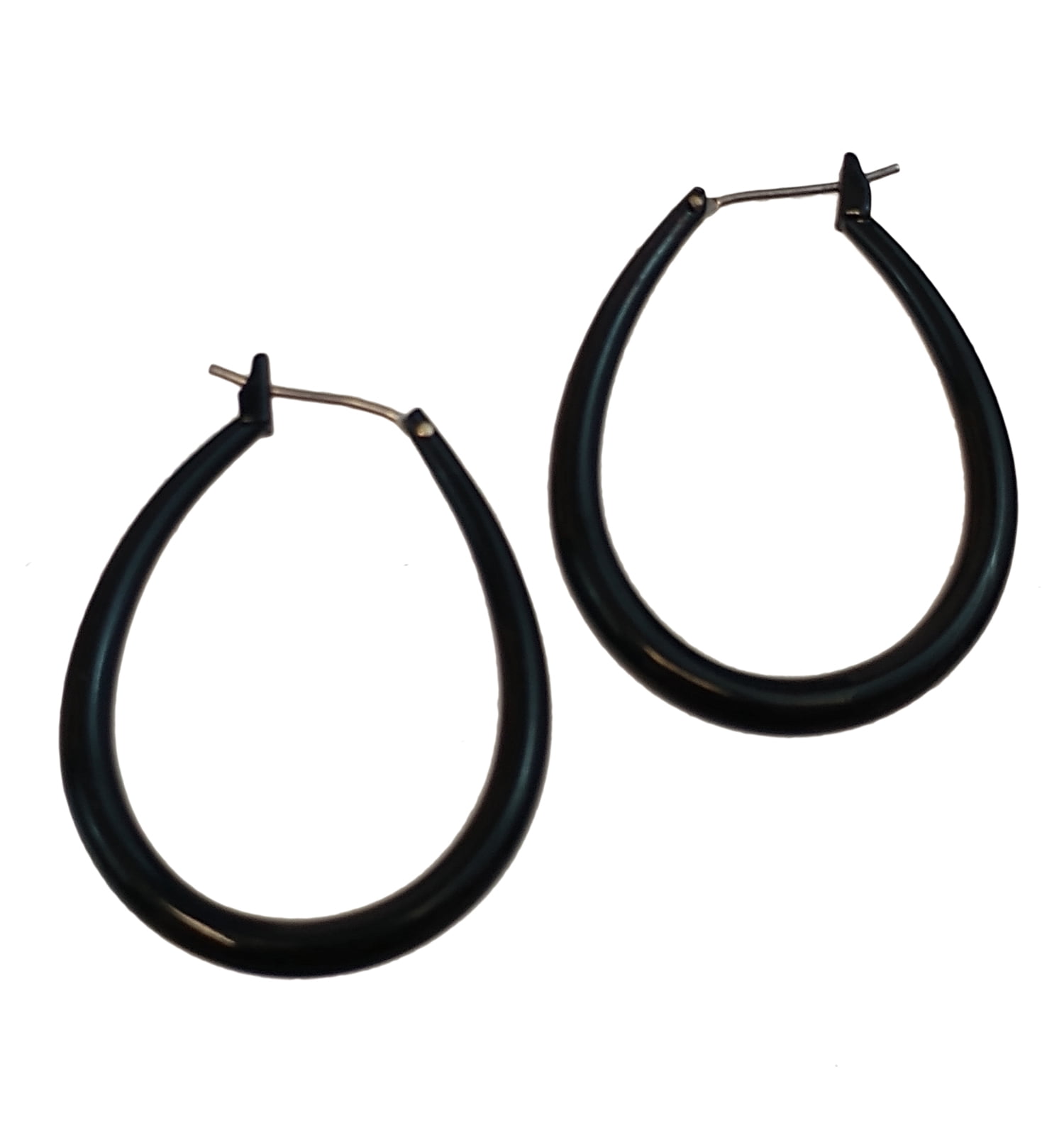 Black Tube Oval Teardrop Hoop Loop Pierced Earrings 1 3/8