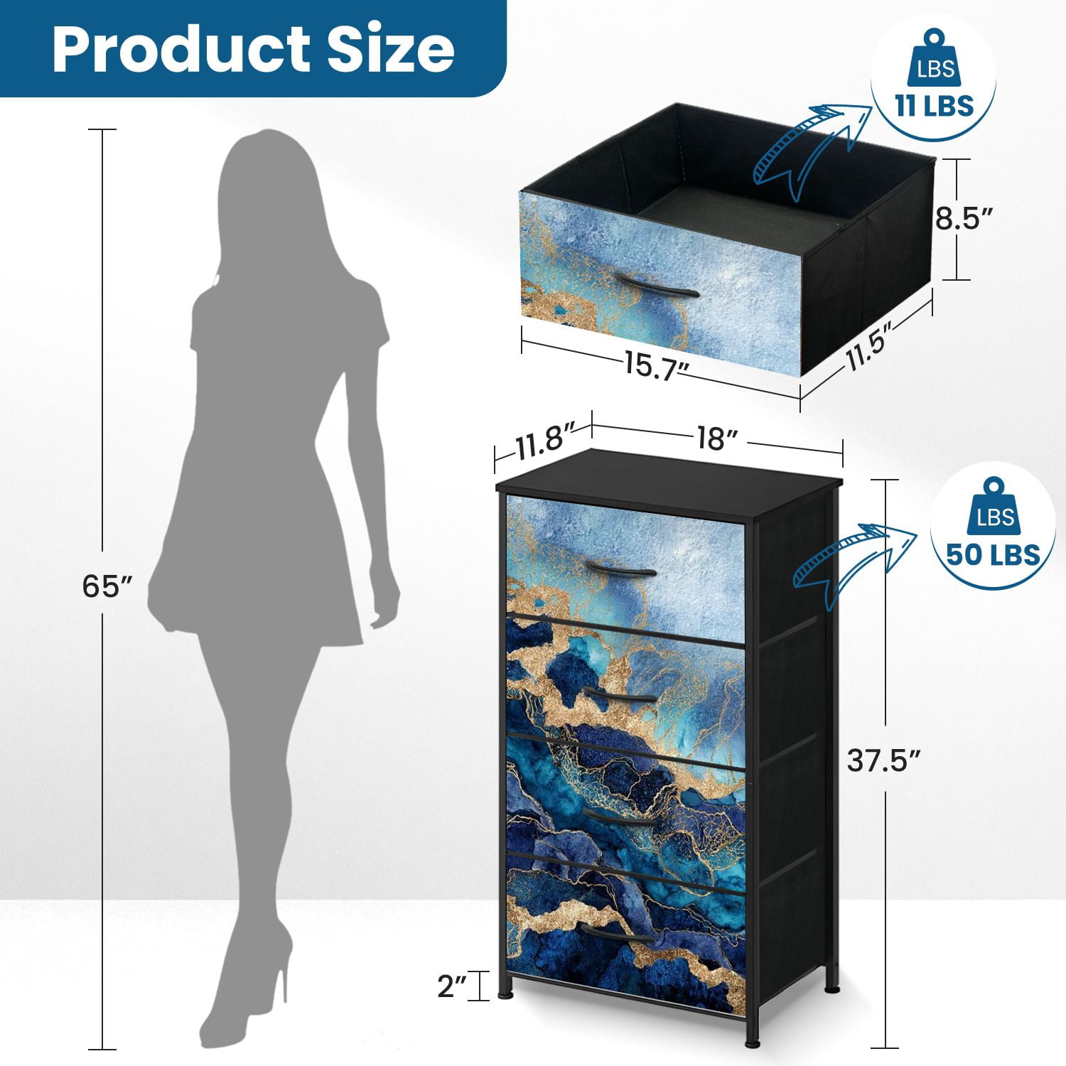 Boho Dresser for Bedroom with 4 Storage Drawers abstract blue marble fake stone texture liquid paint gold foil glitter Dressers Chest of Drawers Steel Framed Fabric Closet Organizers for Entryway