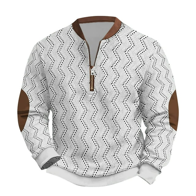 Tricot pour Hommes à Fermeture Éclair Manches Longues Imprimé Sans Col Chandail en Molleton Décontracté
