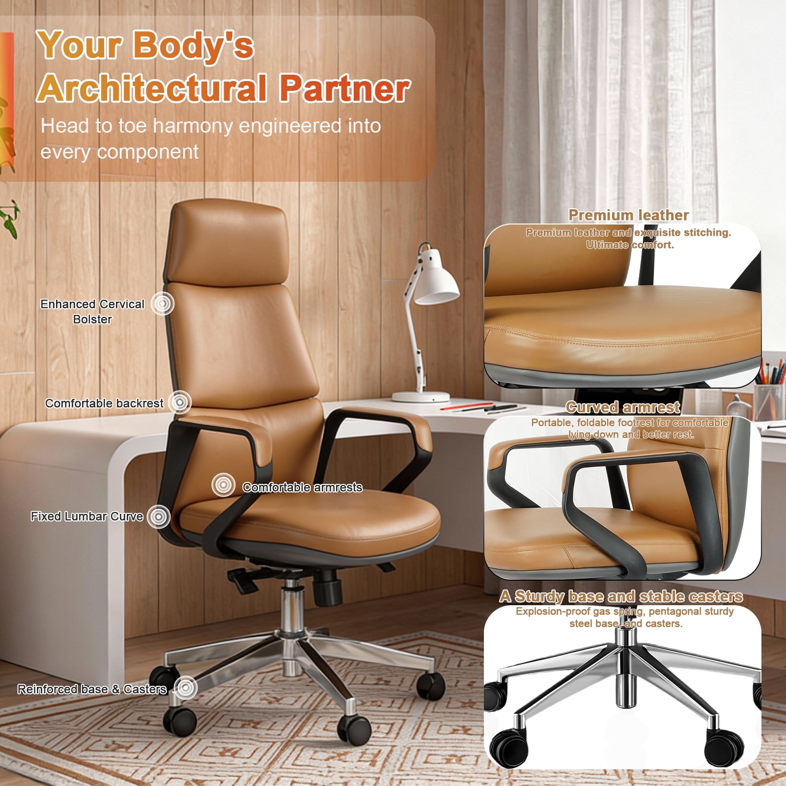 PU Leather High Back Office Chair with , ergonomic lumbar support 400lbs, sturdy metal base, 360° silent wheels, fit for home and office