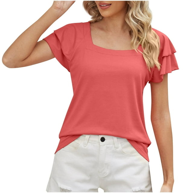 Plebaso Hauts d'Été pour Femmes Col Carré Manches Courtes à Volants T-Shirts Blouses Décontractées Amples pour Femmes