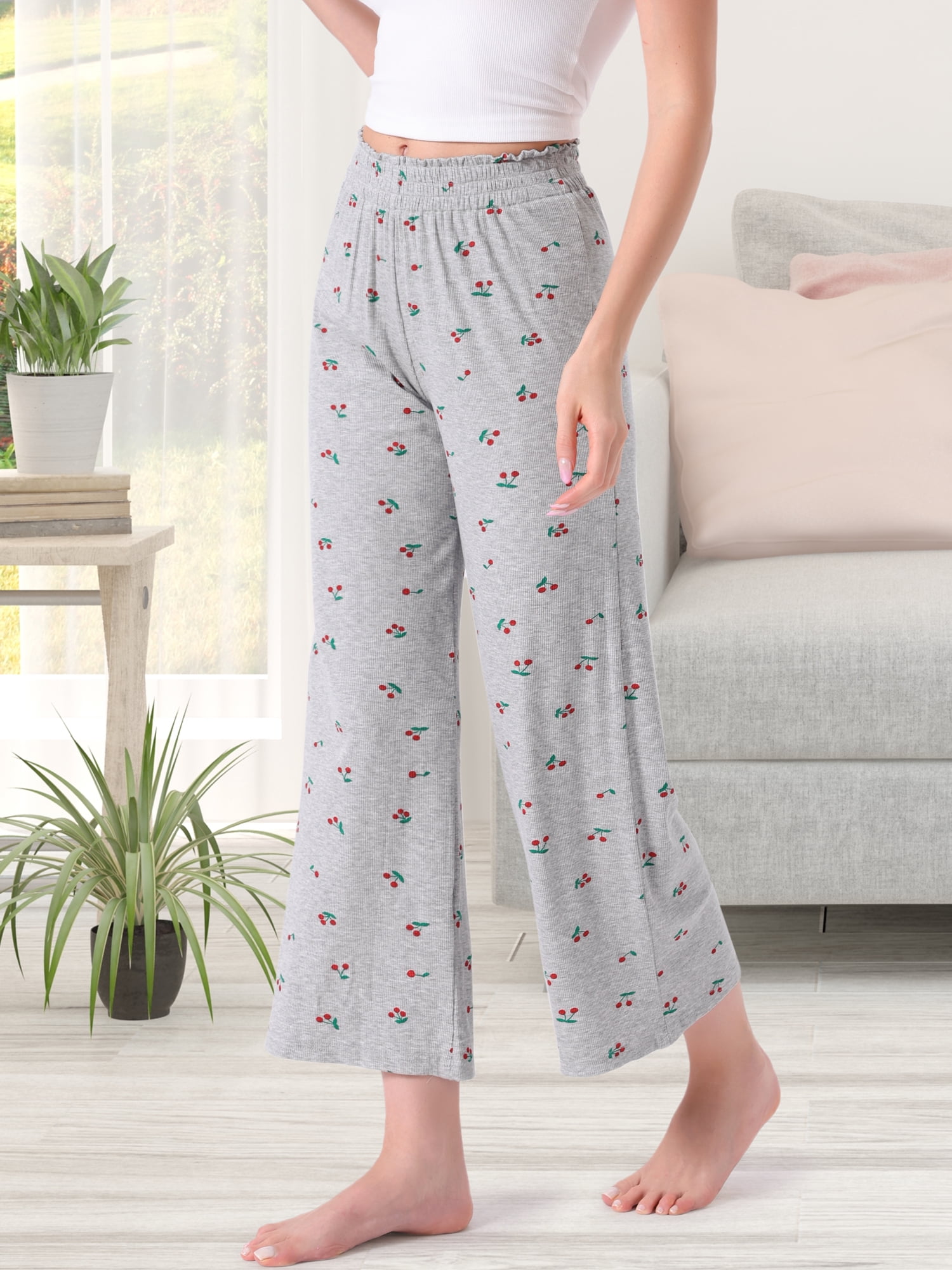 DARING DIVA Women's Palazzo Print Lounge Elastic Waist Loose Wide Leg Pants S Gray