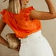 thumbnail image 2 of Mujer Volantes Manga Casquillo Top Casual Elegante Color Liso Camisa Con Cuello En V Blusa Para Oficina Trabajo Citas Naranja L, 2 of 7