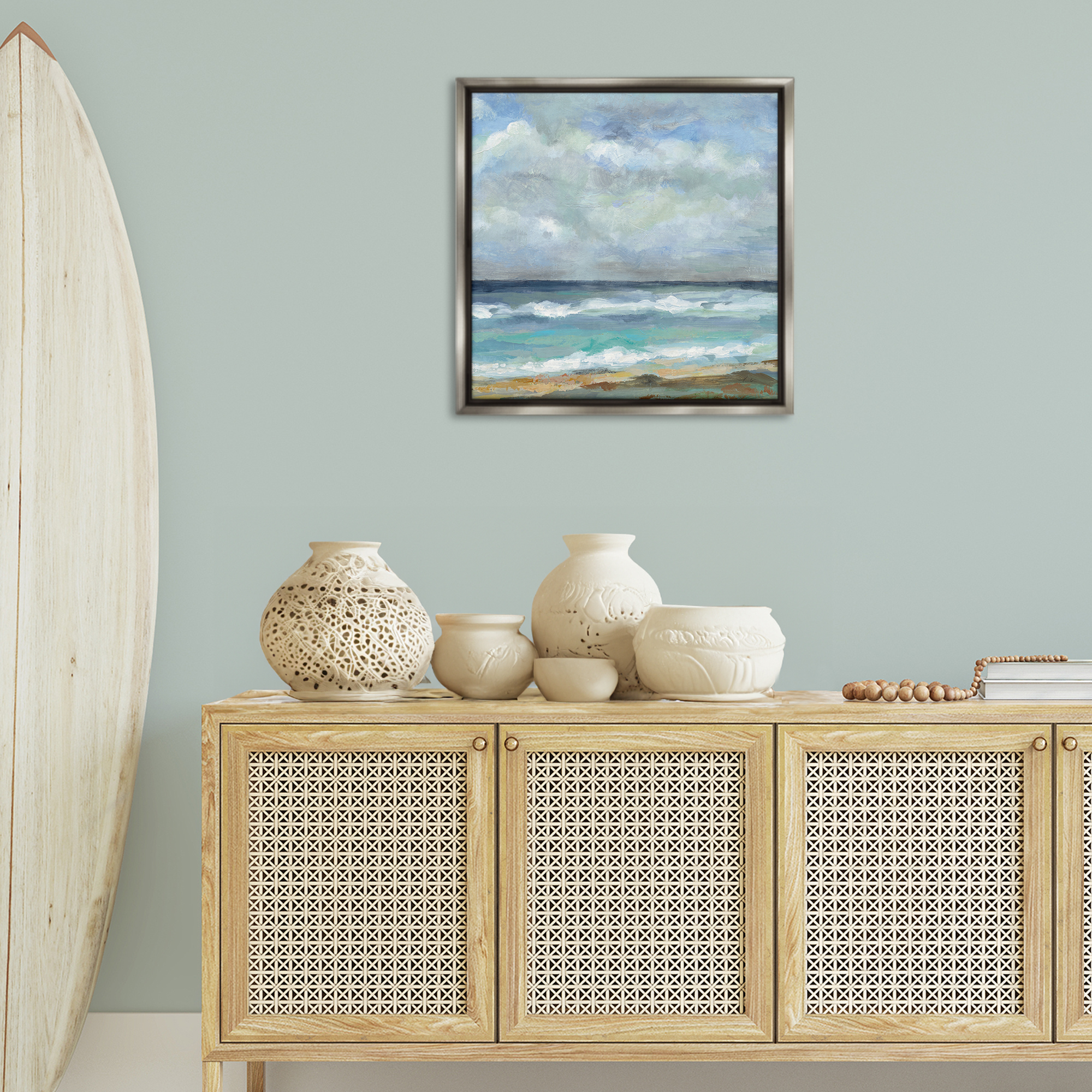 Stupell Industries Summer Seashore Waves Nautical & Beach Painting Gray Floater Framed Canvas Art Print Wall Art, 25 x 25