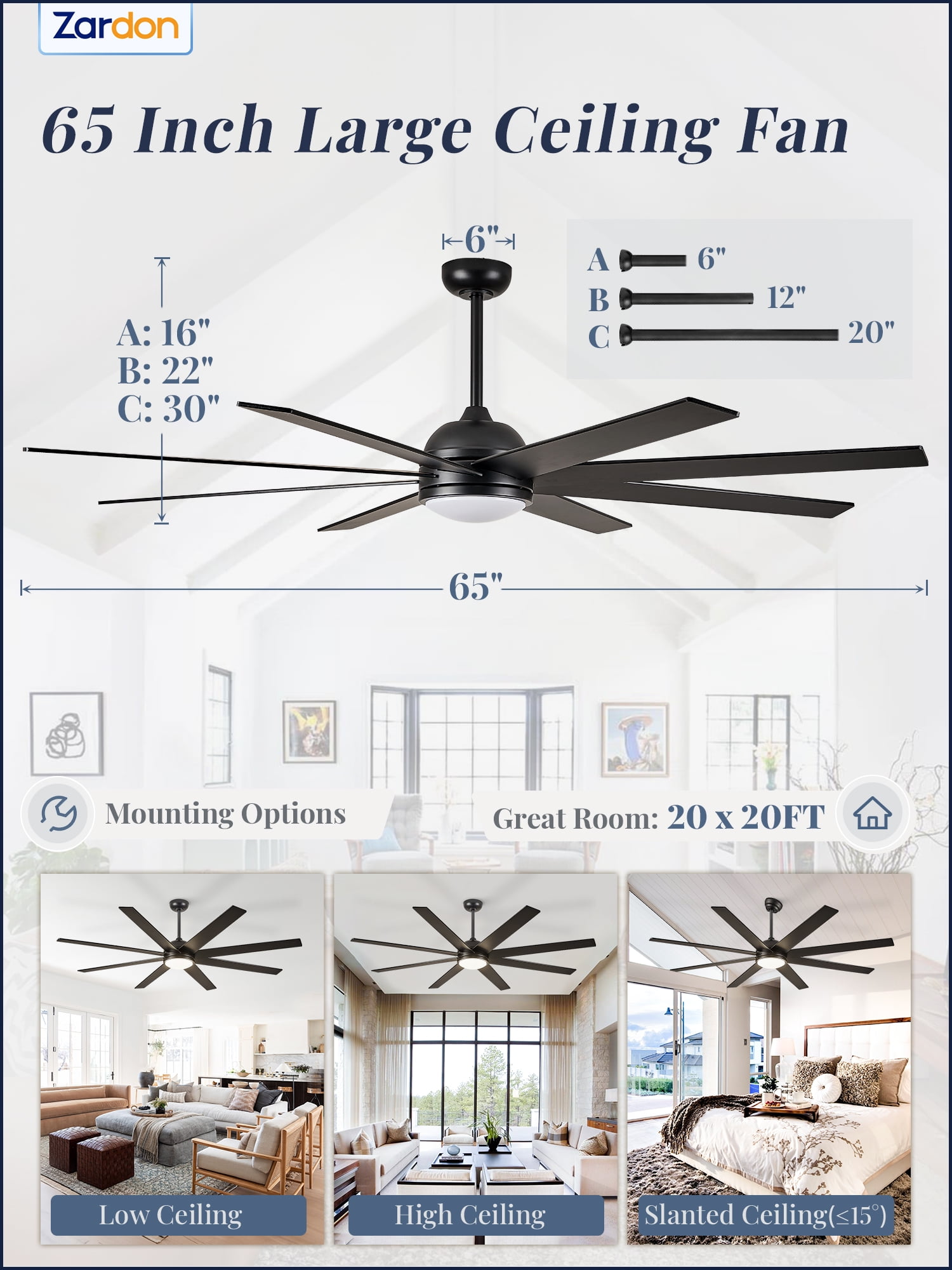Zardon 65in Ceiling Fans with Light and Remote Control, Flush Mount Ceiling Fans with 6-Speed for Indoor, Outdoor, Black