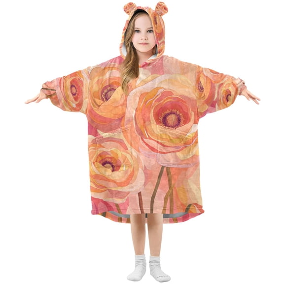 FORMRS Wearable Blanket Hoodie with Sleeves for Kids Cozy Flannel Sweatshirt, Pink Flowers