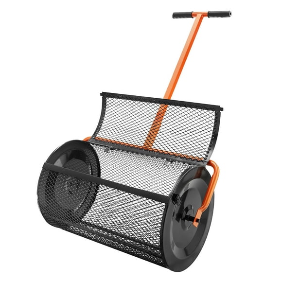 KFFKFF Peat Moss Distributor, Handle Height 24.4-25.6" Adjustable, 24" Width, Garden Soil Roller with Lateral Clasps, Durable Powder-Coated Steel Mesh, Ideal for Manure and Topsoil Distribution, Black