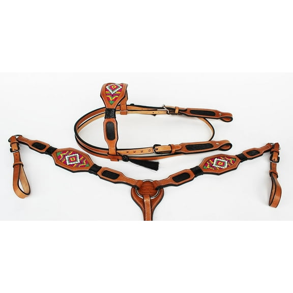 Horse Bridle Western Leather Headstall Breast Collar Show Tack Beaded  7901