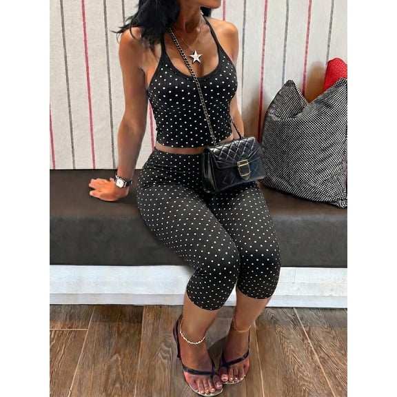 Women's Polka Dot 2 Piece Set Cami Top And Capri Leggings Casual Loungewear Fashion Outfit