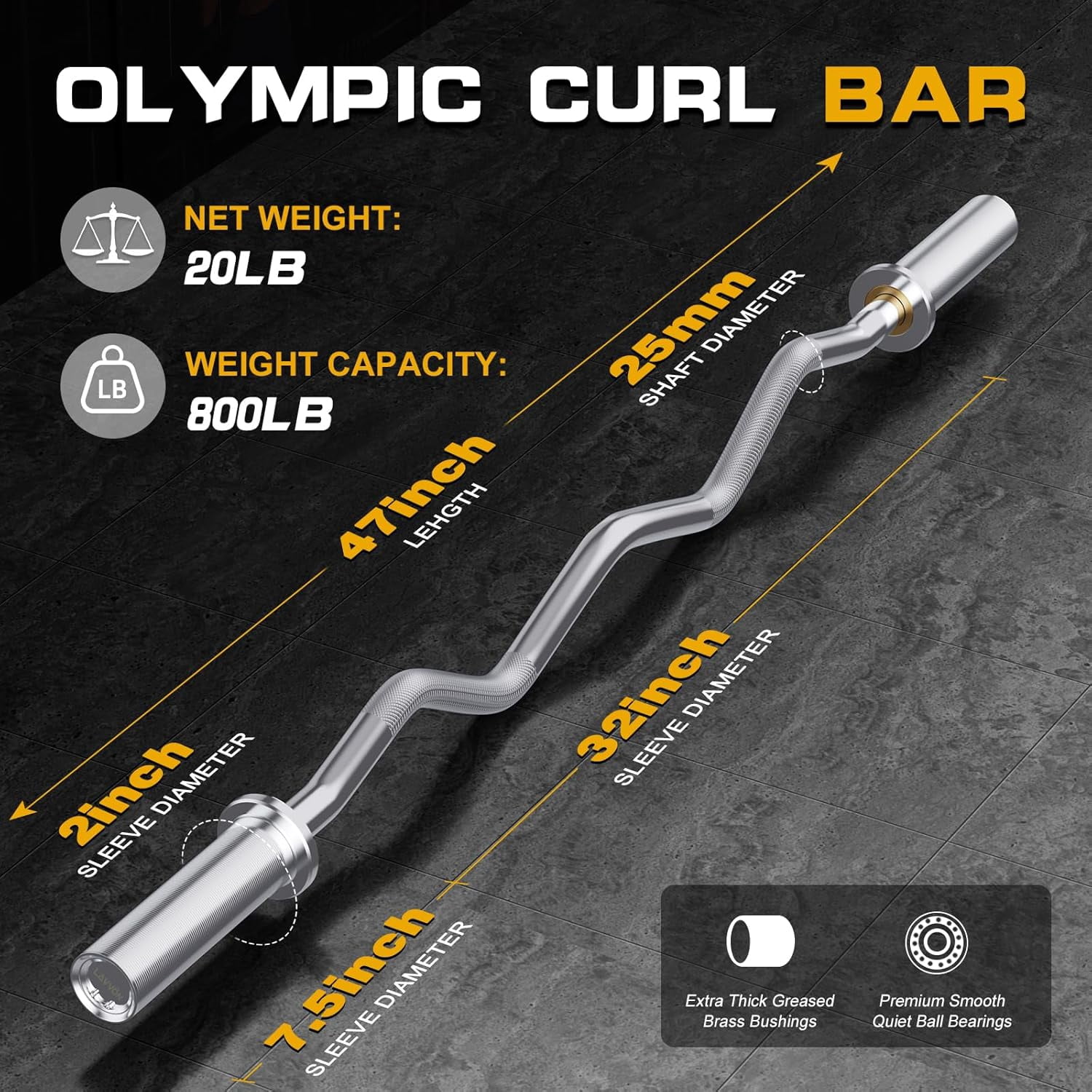 Curl Barbell Bar 47 Inch with Silent Bearings for Weight Lifting and Strength Training