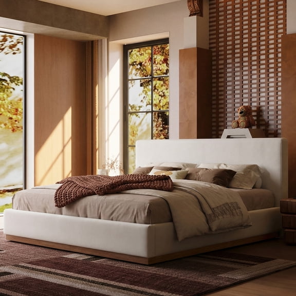 Queen Size Modern Cloud Bed, Platform Bed with Soft Thick Headboard,Block White Fabric Upholstered Bed with Nice Wood Grain Text