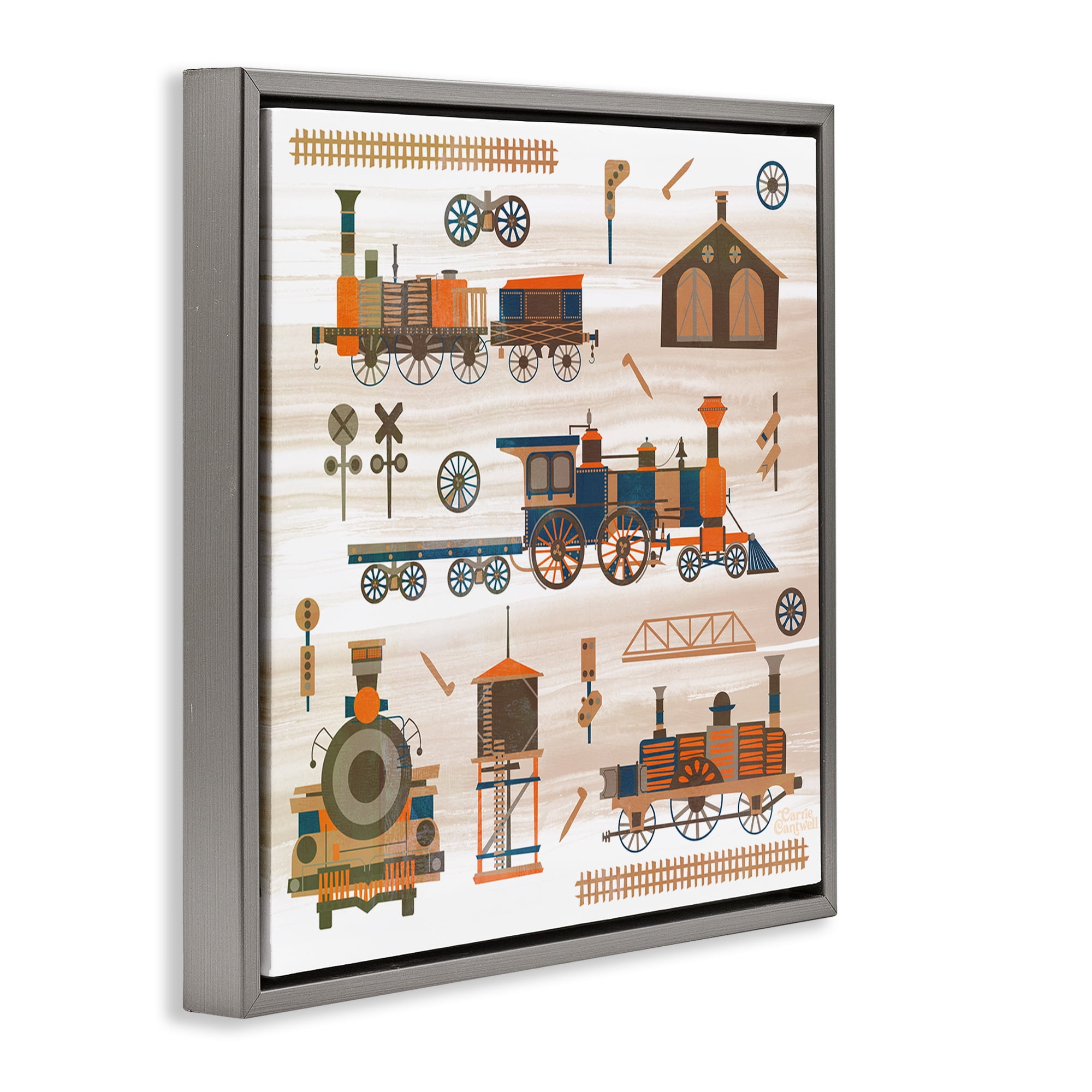 Stupell Industries Totally Trains Rustic Transportation Painting Gray Floater Framed Canvas Art Print Wall Art, 25 x 25