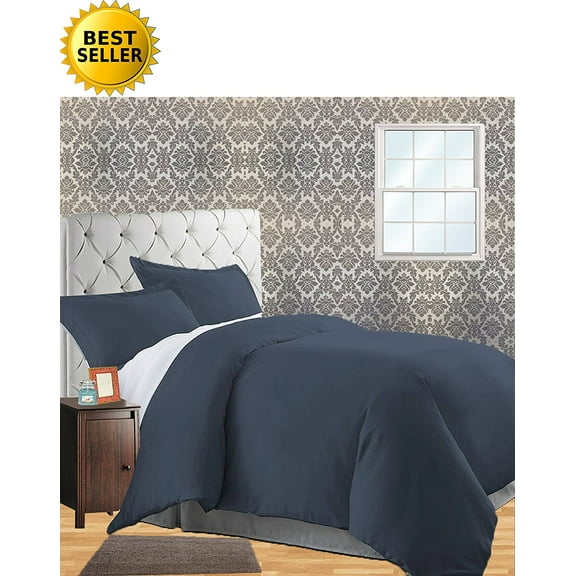 Celine Linen Wrinkle & Fade Resistant 3-Piece Duvet Cover Set - Protects and Covers your Comforter / Duvet Insert, 1500 Series LUXURIOUS 100% HypoAllergenic - Silky Soft, Full/Queen, Navy Blue