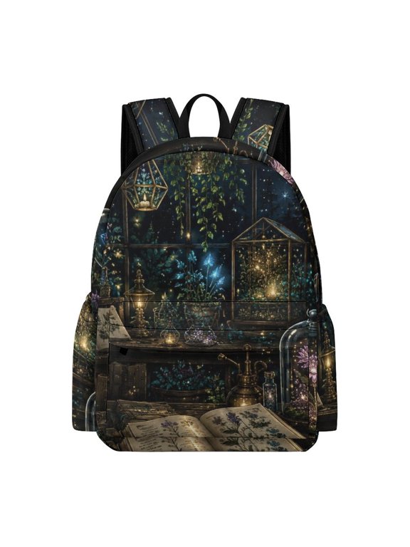 Witch Greenhouse Herbarium Glowing Plant Glass Dome Crescent Moon Night Printed Oxford Backpack, Large Capacity Laptop Backpack, Water Resistant, Travel Daypack for College Work Commuting