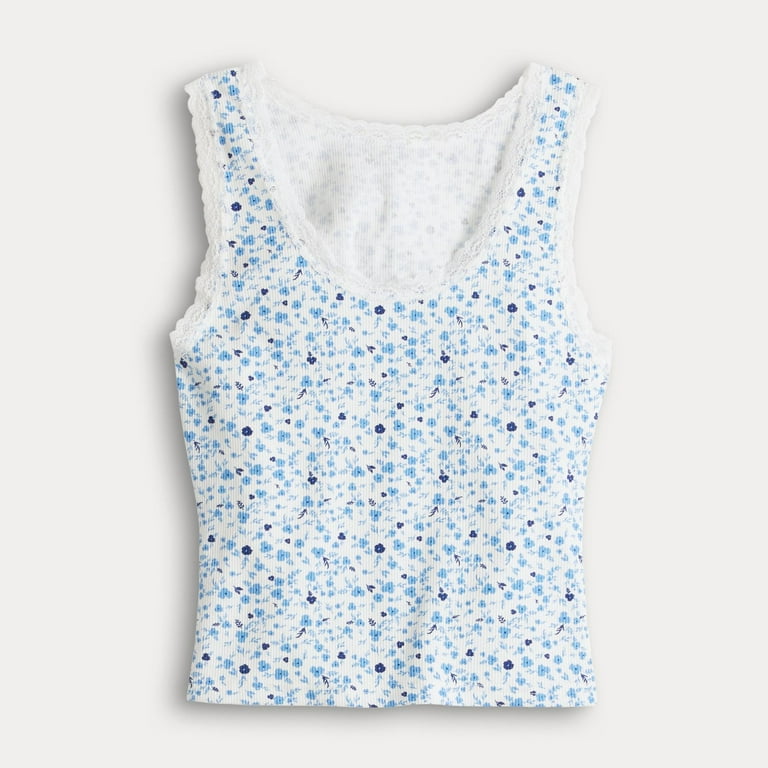 Juniors' Harper Ivy Lace Trim Rib Sleep Tank Top Color: Blue