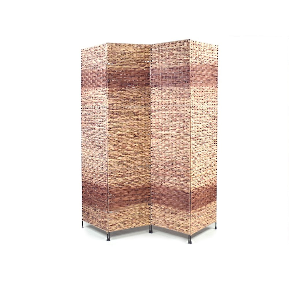 Proman Products Jakarta-B 4 Panel Folding Screen Room Divider Metal Frame with Water Hyacinth Inserts Natural Color with Espresso Bands