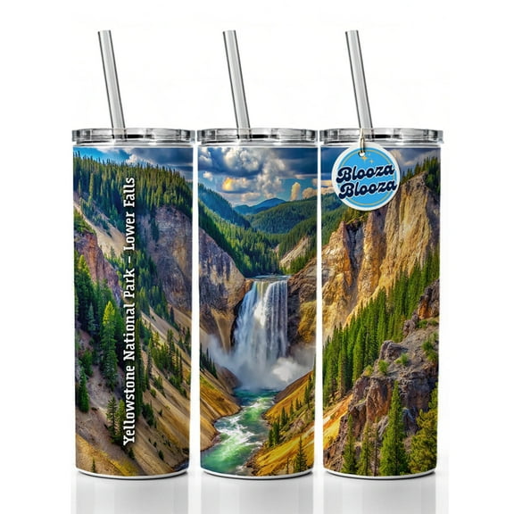 Yellowstone National Park Lower Falls 20oz Insulated Water Bottle Skinny Tumbler Includes Straw