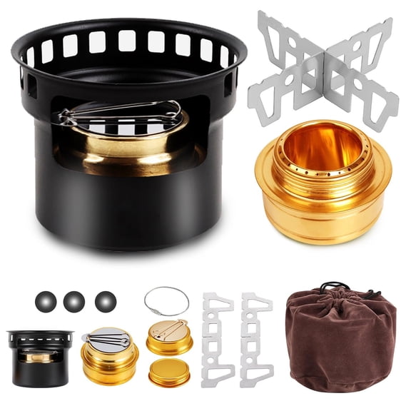 Outdoor Mini Alcohols Stove Camping, Portable Alcohol Burner With Stainless Steel Cross Stand, Storage Bag, Lightweight Tiny Brass Stove For Backpacking Emergency Camp Coffee Hiking Black