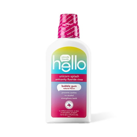 Hello Kids Mouthwash with Unicorn Bubble Gum Flavor, Alcohol Free Mouthwash for Kids with Fluoride, Safe for Ages 6 and Up, Anticavity, Vegan, No Alcohol, No Dyes, 16 oz bottle