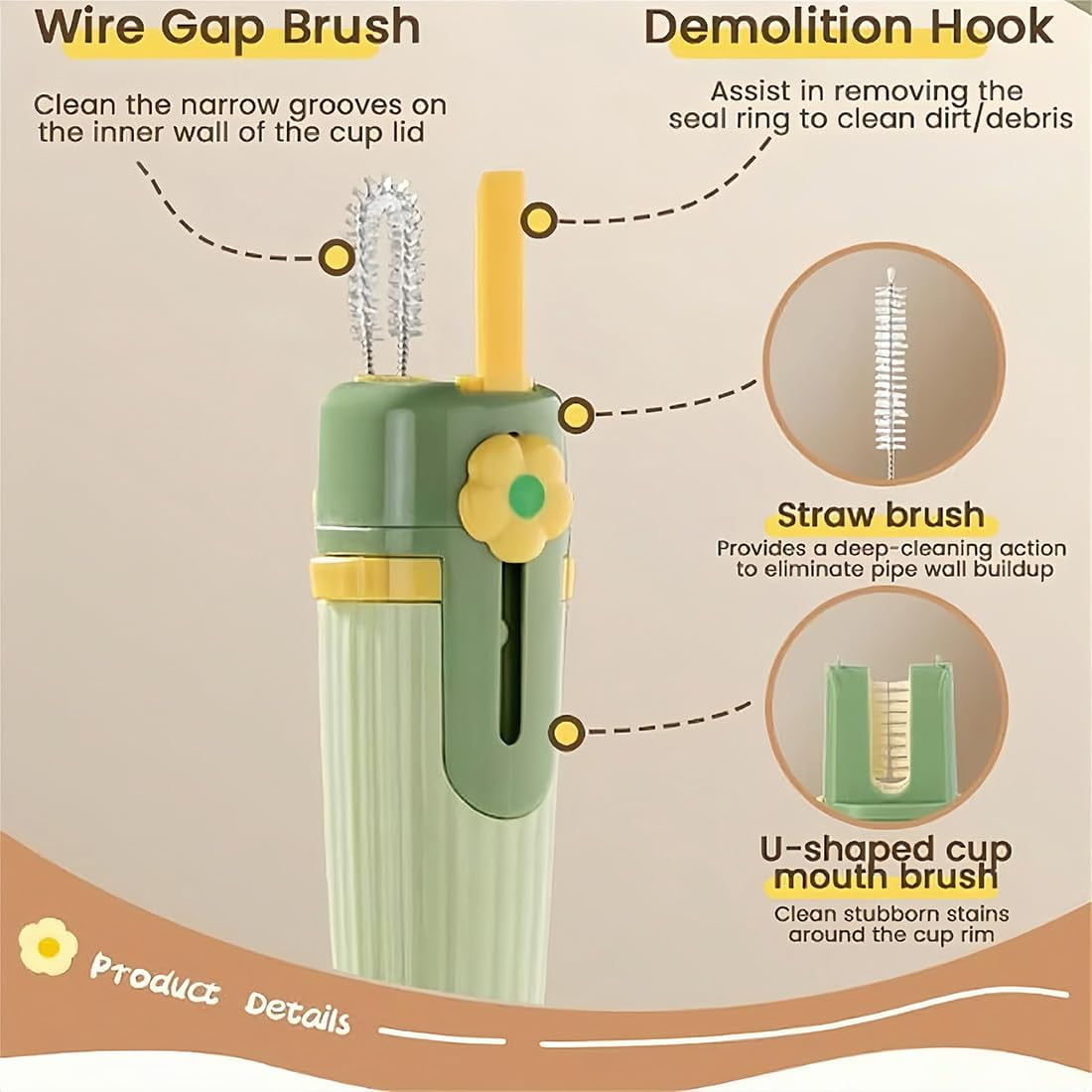 Multifunctional 5-in-1 Bottle Brush, Portable Long Handle Cleaning Brush Set for Travel Mugs, Cups, Lids and Straws, Durable Food-Grade Design for Daily Use